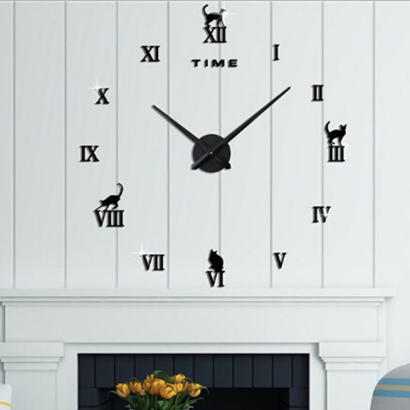 Home Office Decor Frameless Cat Shape Large Size DIY 3D Mirror Surface Wall Stickers Mute Clock, Size: 100*100cm(Black)