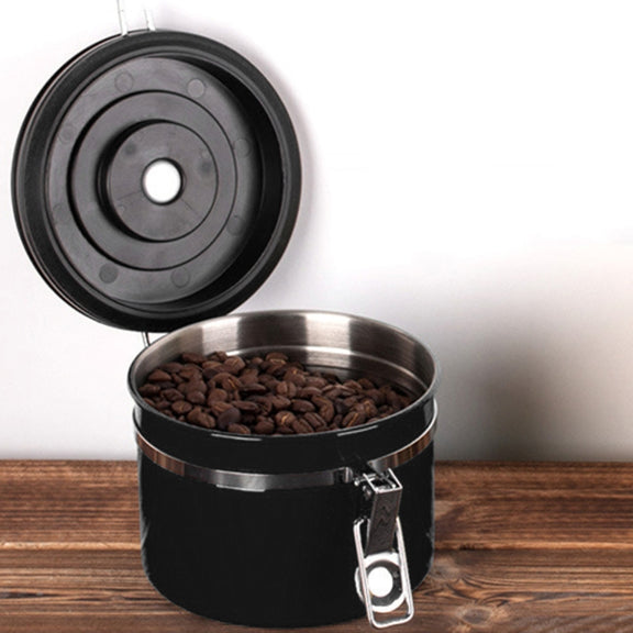 800ml Stainless Steel Sealed Food Coffee Grounds Bean Storage Container with Built-in CO2 Gas Vent Valve & Calendar(Black)