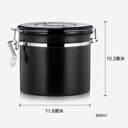 800ml Stainless Steel Sealed Food Coffee Grounds Bean Storage Container with Built-in CO2 Gas Vent Valve & Calendar(Black)