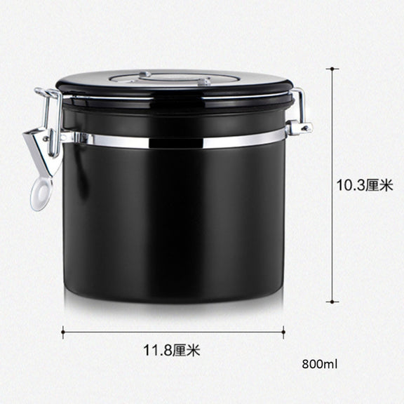 800ml Stainless Steel Sealed Food Coffee Grounds Bean Storage Container with Built-in CO2 Gas Vent Valve & Calendar(Black)