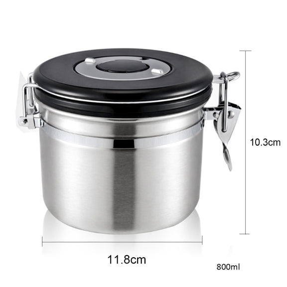 800ml Stainless Steel Sealed Food Coffee Grounds Bean Storage Container with Built-in CO2 Gas Vent Valve & Calendar (Silver)