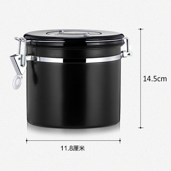 1200ml Stainless Steel Sealed Food Coffee Grounds Bean Storage Container with Built-in CO2 Gas Vent Valve & Calendar (Black)