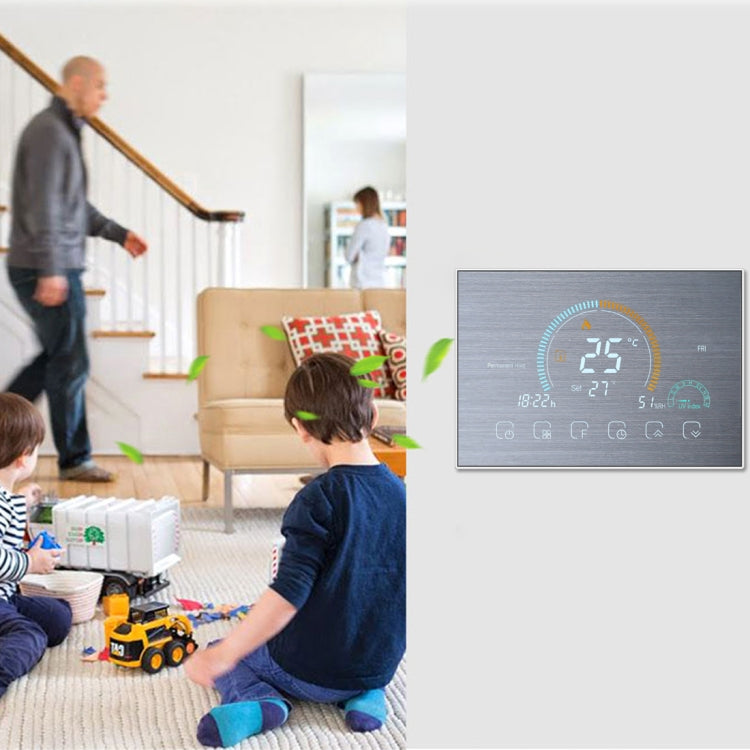 BHT-8000-GA-SS Brushed Stainless Steel Mirror Control Water Heating Energy-saving and Environmentally-friendly Smart Home Negative Display LCD Screen Round Room Thermostat without WiFi