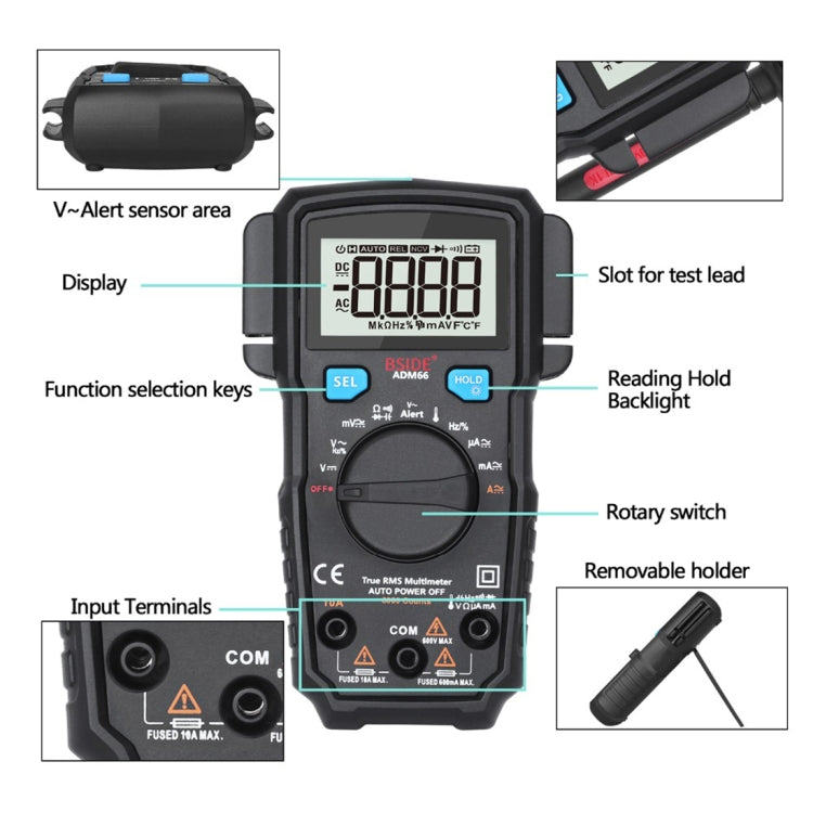 BSIDE ADM66 Handheld Household 6000 Count AC / DC Current Voltage Capacitor Automatic Range Multimeter with LCD Backlight & Card Slot Function