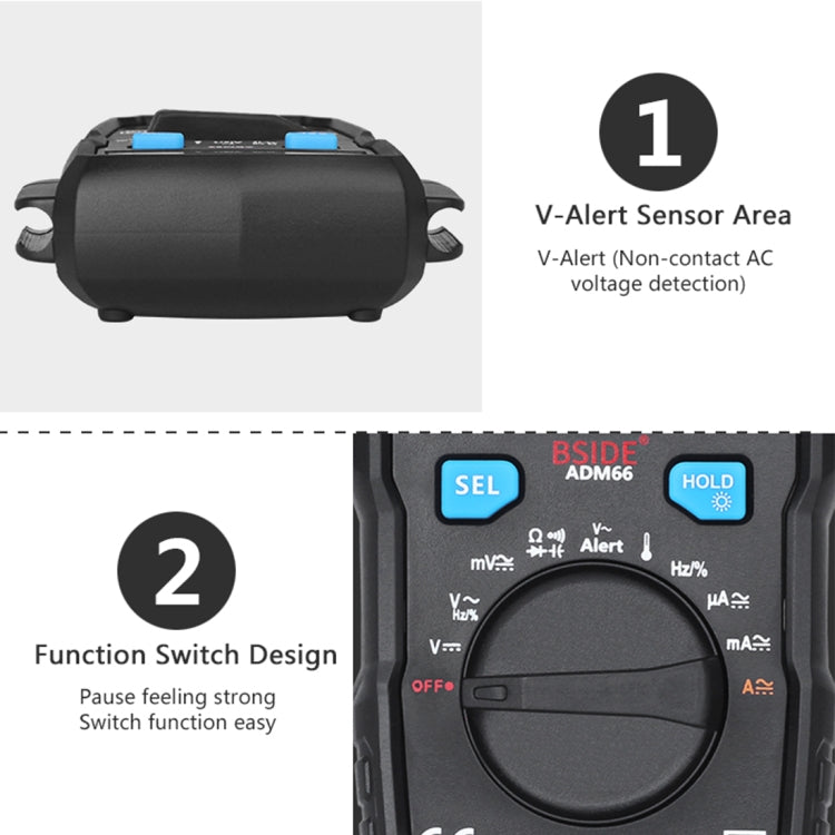 BSIDE ADM66 Handheld Household 6000 Count AC / DC Current Voltage Capacitor Automatic Range Multimeter with LCD Backlight & Card Slot Function
