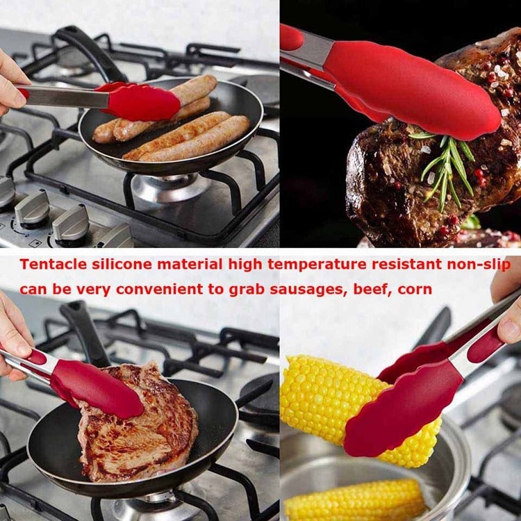 12 inch Silicone Non-slip Food Bread Barbecue BBQ Clip Tongs Kitchen Tools(Red)