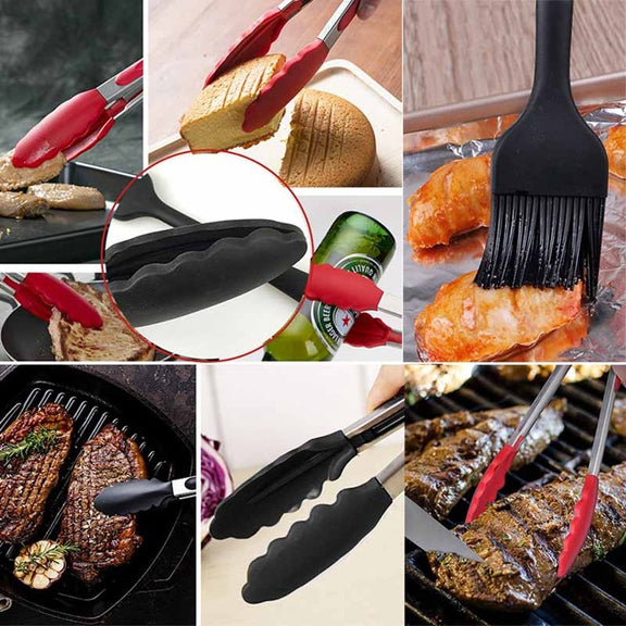 12 inch Silicone Non-slip Food Bread Barbecue BBQ Clip Tongs Kitchen Tools(Red)