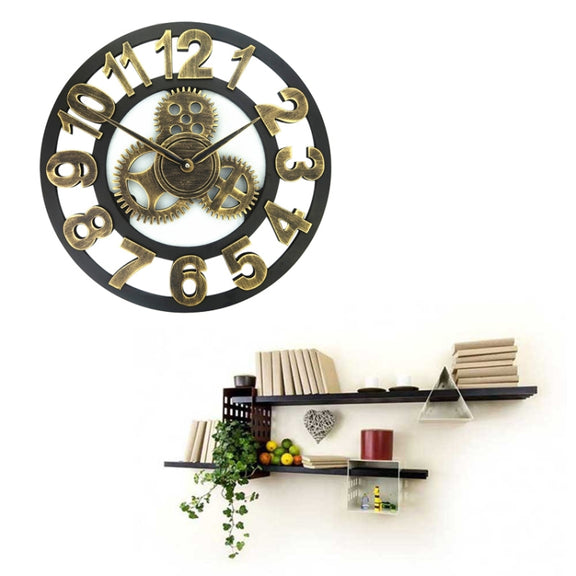 Retro Wooden Round Single-sided Gear Clock Number Wall Clock, Diameter: 40cm (Gold)