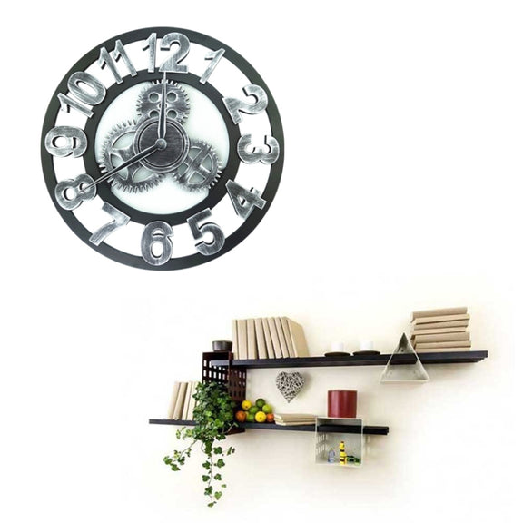 Retro Wooden Round Single-sided Gear Clock Number Wall Clock, Diameter: 40cm (Silver)