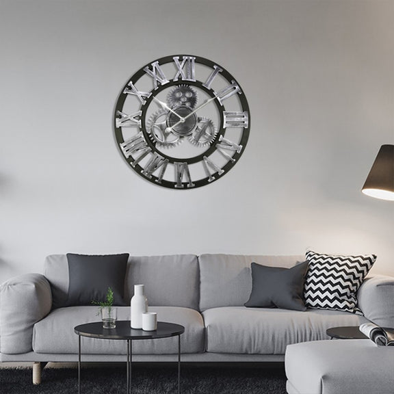 Retro Wooden Round Single-sided Gear Clock Rome Number Wall Clock, Diameter: 45cm (Silver)
