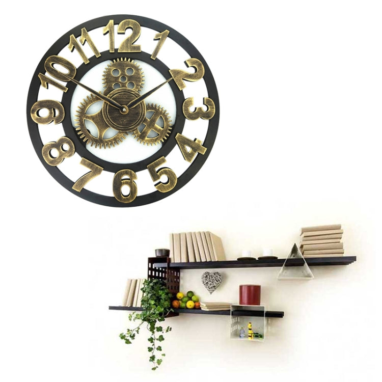 Retro Wooden Round Single-sided Gear Clock Number Wall Clock, Diameter: 50cm (Gold)