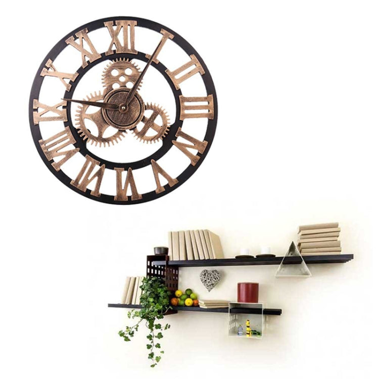 Retro Wooden Round Single-sided Gear Clock Rome Number Wall Clock, Diameter: 58cm (Gold)