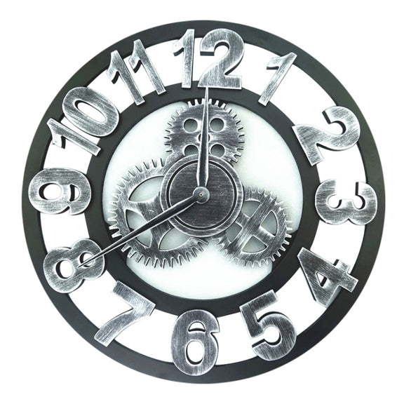 Retro Wooden Round Single-sided Gear Clock Arabic Number Wall Clock, Diameter: 30cm (Silver)