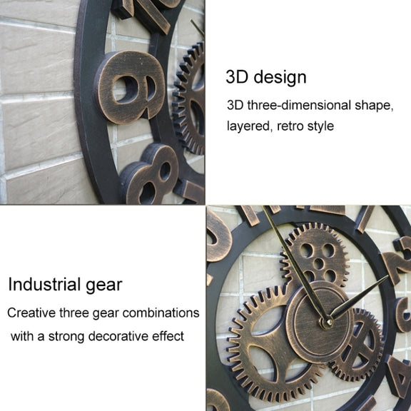 Retro Wooden Round Single-sided Gear Clock Arabic Number Wall Clock, Diameter: 30cm (Gold)