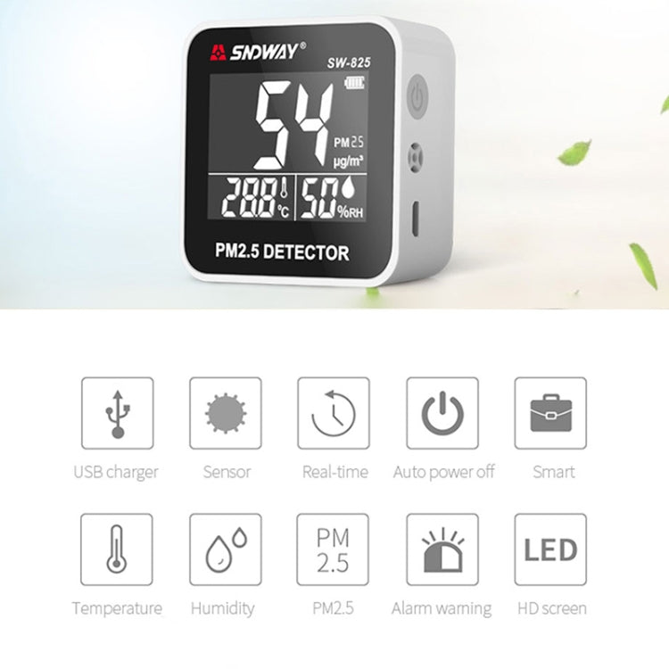 SNDWAY SW-825 Micro USB Charging Desktop Air Quality Real-time Purification Detector with HiD LED Screen, Support Alarm Prompt - free shipping - PMC Jewellery - Order now!