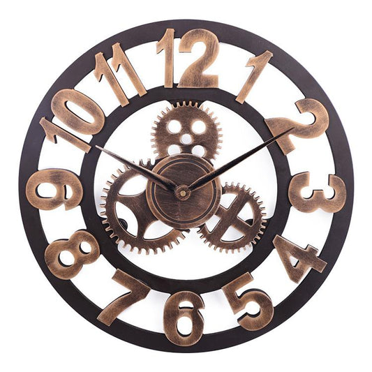 Retro Wooden Round Single-sided Gear Clock Arabic Number Wall Clock, Diameter: 35cm (Gold) - free shipping - PMC Jewellery - Order now!