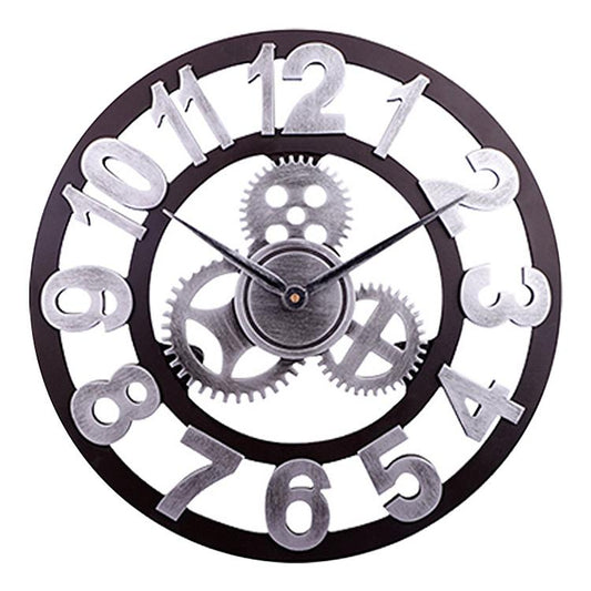 Retro Wooden Round Single-sided Gear Clock Arabic Number Wall Clock, Diameter: 35cm (Silver) - free shipping - PMC Jewellery - Order now!