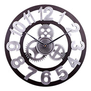 Retro Wooden Round Single-sided Gear Clock Arabic Number Wall Clock, Diameter: 35cm (Silver)