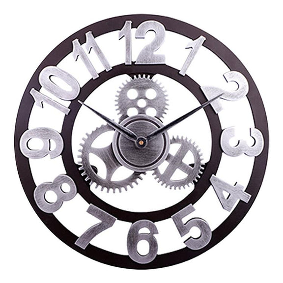 Retro Wooden Round Single-sided Gear Clock Arabic Number Wall Clock, Diameter: 35cm (Silver)