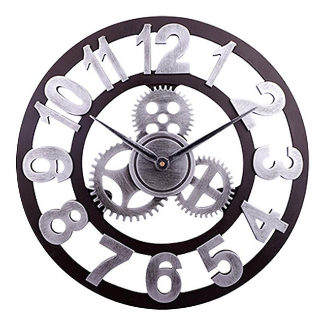 Retro Wooden Round Single-sided Gear Clock Arabic Number Wall Clock, Diameter: 35cm (Silver)