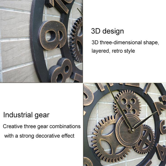 Retro Wooden Round Single-sided Gear Clock Arabic Number Wall Clock, Diameter: 35cm (Gold)