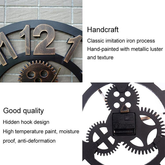 Retro Wooden Round Single-sided Gear Clock Arabic Number Wall Clock, Diameter: 35cm (Silver)