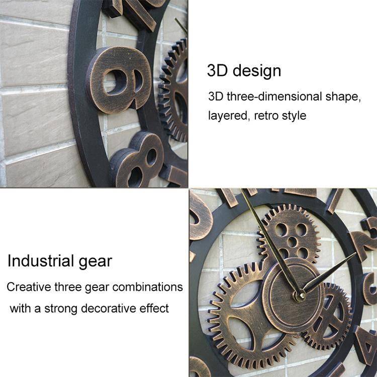 Retro Wooden Round Single-sided Gear Clock Arabic Number Wall Clock, Diameter: 70cm (Gold)