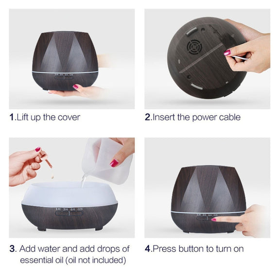 Diamond Wood Grain Remote Control Ultrasonic Humidifier Aromatherapy Machine Automatic Alcohol Sprayer with LED Lights, Capacity: 400mL, EU Plug (Dark Wood Color)