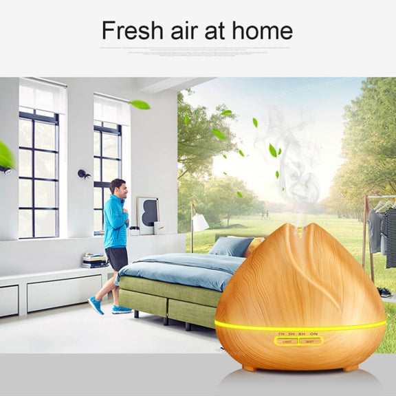 Peach Shape Wood Grain Remote Control Ultrasonic Humidifier Aromatherapy Machine Automatic Alcohol Sprayer with LED Lights, Capacity: 400mL, EU Plug (Dark Wood Color)