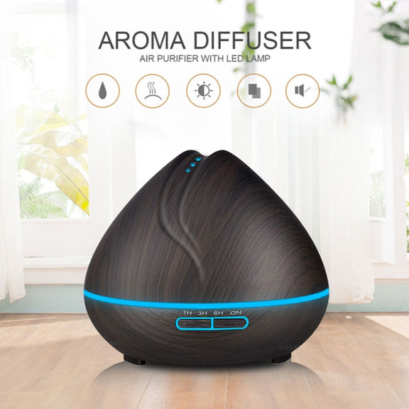 Peach Shape Wood Grain Remote Control Ultrasonic Humidifier Aromatherapy Machine Automatic Alcohol Sprayer with LED Lights, Capacity: 400mL, US Plug (Light Wood Color)