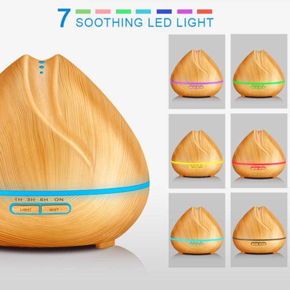 Peach Shape Wood Grain Remote Control Ultrasonic Humidifier Aromatherapy Machine Automatic Alcohol Sprayer with LED Lights, Capacity: 400mL, US Plug (Light Wood Color)