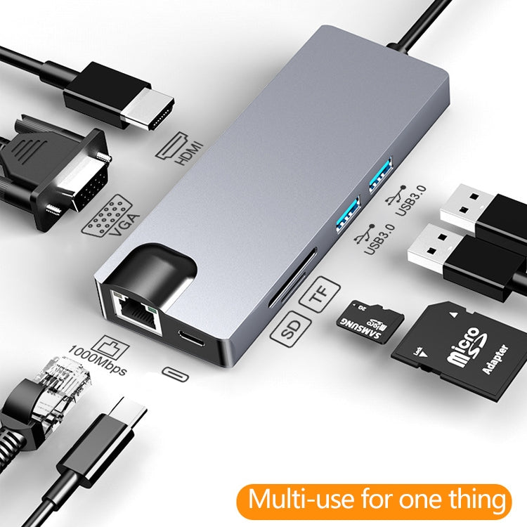 HW-TC12 8 In 1 Type-C / USB-C Multifunctional Extension HUB Adapter Hdmi / Vga Hub Card Reader + Network Card - free shipping - PMC Jewellery - Order now!