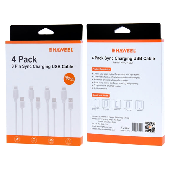 4 PCS HAWEEL 1m High Speed 8 pin to USB Sync and Charging Cable Kit for iPhone, iPad(White)