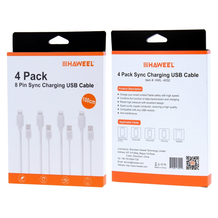 4 PCS HAWEEL 1m High Speed 8 pin to USB Sync and Charging Cable Kit for iPhone, iPad(White)