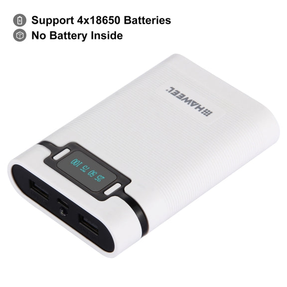 HAWEEL DIY 4 x 18650 Battery (Not Included) 10000mAh Power Bank Shell Box with 2 x USB Output & Display for iPhone, Galaxy, Sony, HTC, Google, Huawei, Xiaomi, Lenovo and other Smartphones(White)