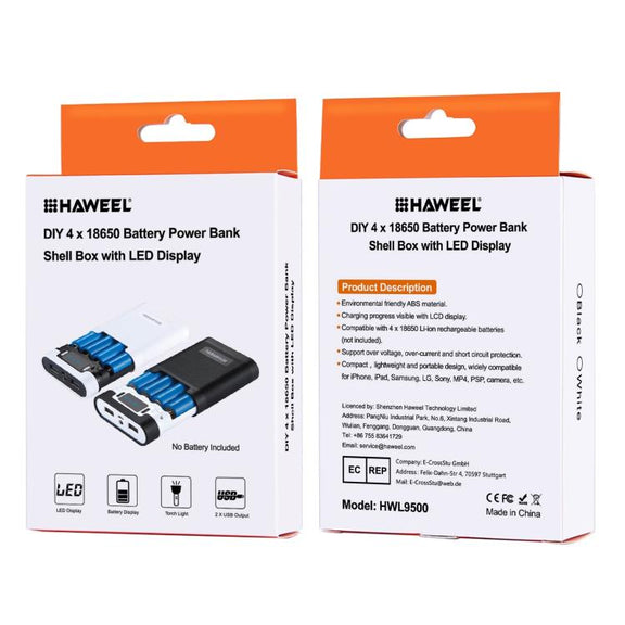 HAWEEL DIY 4 x 18650 Battery (Not Included) 10000mAh Power Bank Shell Box with 2 x USB Output & Display for iPhone, Galaxy, Sony, HTC, Google, Huawei, Xiaomi, Lenovo and other Smartphones(White)