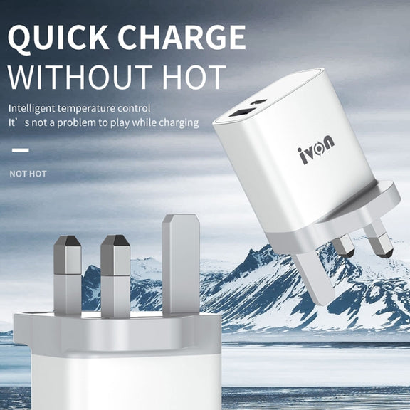 IVON AD52 18W USB-C / Type-C + USB Dual Port PD Fast Charge(UK Plug)