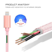 3m 3A Woven Style Metal Head 8 Pin to USB Data / Charger Cable(Rose Gold)