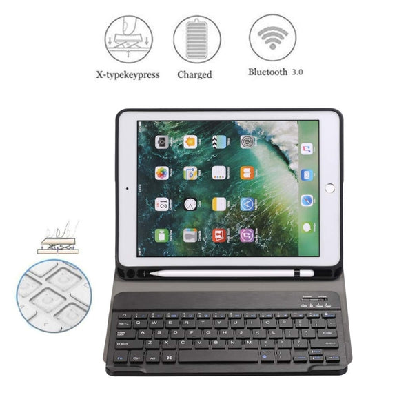 Detachable Bluetooth Keyboard + Horizontal Flip Leather Tablet Case with Holder & Pencil Holder for iPad Pro 9.7 inch, iPad Air, iPad Air 2, iPad 9.7 inch (2017), iPad 9.7 inch (2018) (Black)