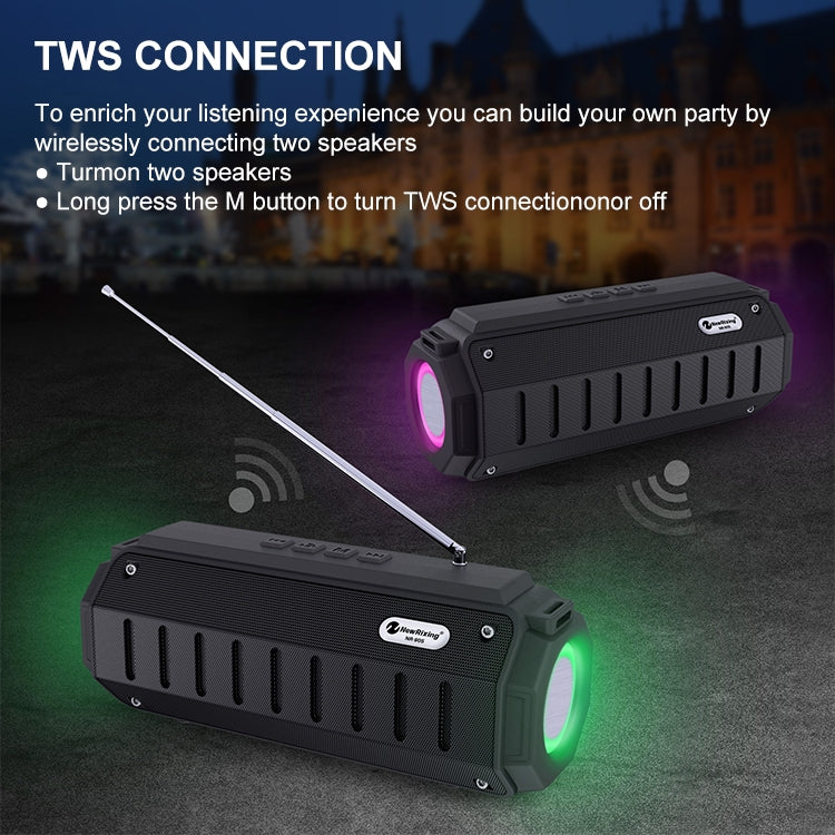 New Rixing NR-905FM TWS Bluetooth Speaker Support Hands-free Call / FM with Shoulder Strap & Antenna (Black)
