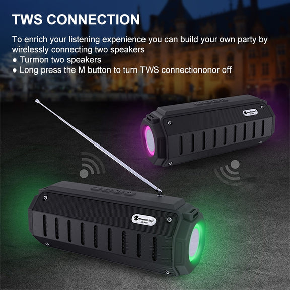 New Rixing NR-905FM TWS Bluetooth Speaker Support Hands-free Call / FM with Shoulder Strap & Antenna (Blue)