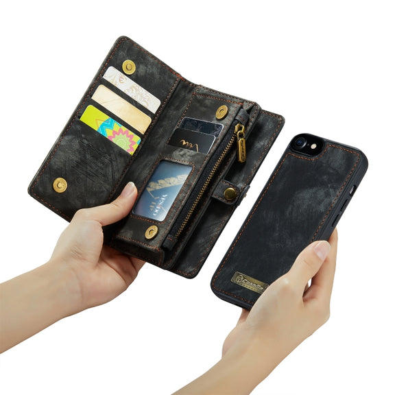 CaseMe for  iPhone 8 & 7  Multifunctional Leather Billfold with Detachable Magnetic PC Back Protective Case & Holder & 10 Card Slots & 3 Cash Slots & 1 Zipper Wallet & 2 Photo Frames & 3 Magnetic Clasps(Black)