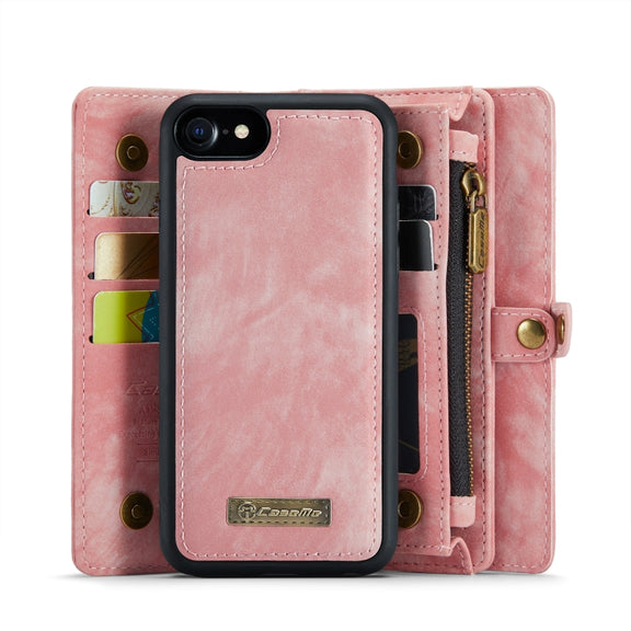 CaseMe for  iPhone 8 & 7  Multifunctional Leather Billfold with Detachable Magnetic PC Back Protective Case & Holder & 10 Card Slots & 3 Cash Slots & 1 Zipper Wallet & 2 Photo Frames & 3 Magnetic Clasps(Pink)