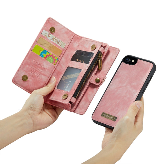 CaseMe for  iPhone 8 & 7  Multifunctional Leather Billfold with Detachable Magnetic PC Back Protective Case & Holder & 10 Card Slots & 3 Cash Slots & 1 Zipper Wallet & 2 Photo Frames & 3 Magnetic Clasps(Pink)