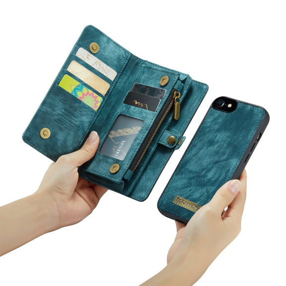 CaseMe for  iPhone 8 & 7  Multifunctional Leather Billfold with Detachable Magnetic PC Back Protective Case & Holder & 10 Card Slots & 3 Cash Slots & 1 Zipper Wallet & 2 Photo Frames & 3 Magnetic Clasps(Blue)