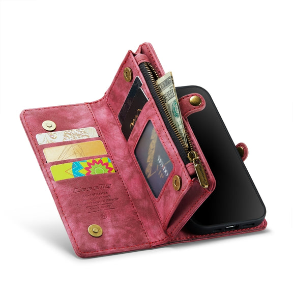 CaseMe for  iPhone 8 & 7  Multifunctional Leather Billfold with Detachable Magnetic PC Back Protective Case & Holder & 10 Card Slots & 3 Cash Slots & 1 Zipper Wallet & 2 Photo Frames & 3 Magnetic Clasps(Red)