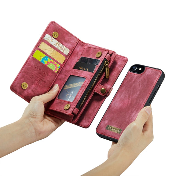 CaseMe for  iPhone 8 & 7  Multifunctional Leather Billfold with Detachable Magnetic PC Back Protective Case & Holder & 10 Card Slots & 3 Cash Slots & 1 Zipper Wallet & 2 Photo Frames & 3 Magnetic Clasps(Red)