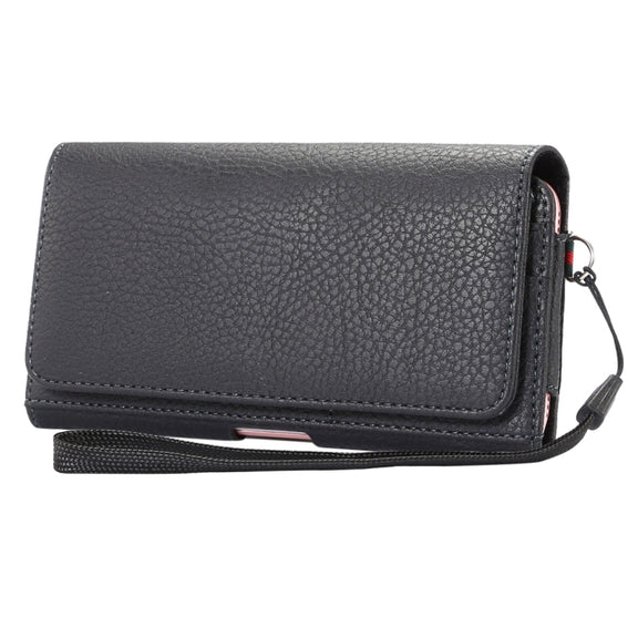 Universal Litchi Texture Vertical Flip Thwartwise PU Leather Case / Waist Bag with Back Splint & Card Slots & 15cm Lanyard for iPhone 8 Plus & 7 Plus   & 6s Plus & 6 Plus, Galaxy Note 8 & Galaxy C9 Pr ... & Mate 7 & P9 Plus, Size: 16 x 8.3 x 1.5 cm(Black)