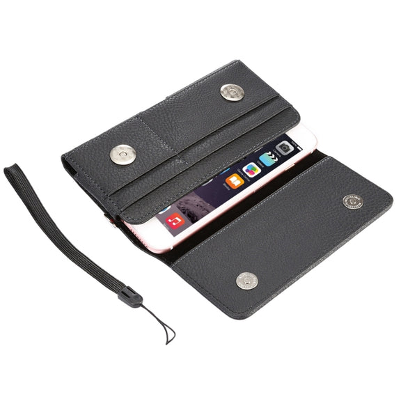 Universal Litchi Texture Vertical Flip Thwartwise PU Leather Case / Waist Bag with Back Splint & Card Slots & 15cm Lanyard for iPhone 8 Plus & 7 Plus   & 6s Plus & 6 Plus, Galaxy Note 8 & Galaxy C9 Pr ... & Mate 7 & P9 Plus, Size: 16 x 8.3 x 1.5 cm(Black)