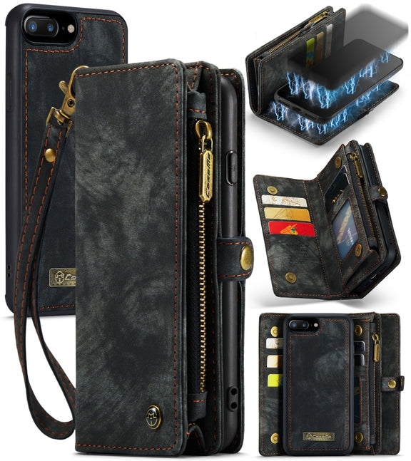 CaseMe for iPhone 8 Plus & 7 Plus   Multifunctional Leather Billfold with Detachable Magnetic PC Back Protective Case & Holder & 11 Card Slots & 3 Cash Slots & 1 Zipper Wallet & 2 Photo Frames & 3 Magnetic Clasps(Black)
